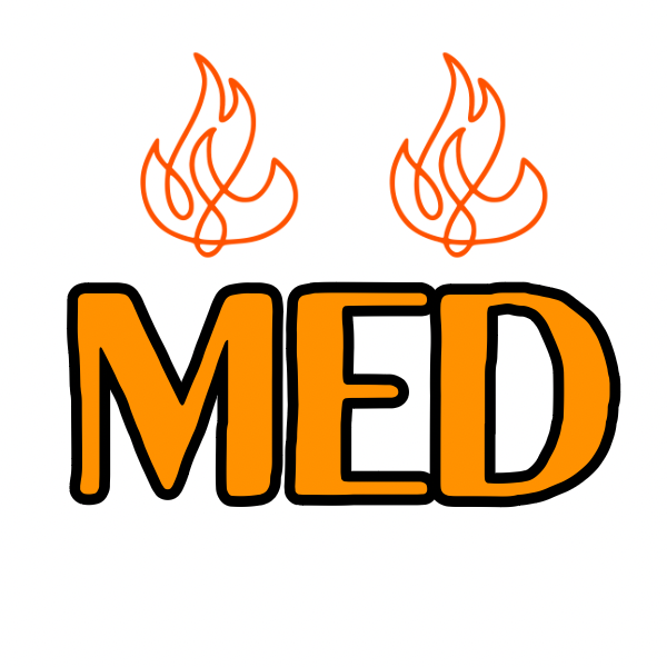 The word 'MED' in orange with flame symbols on a white background